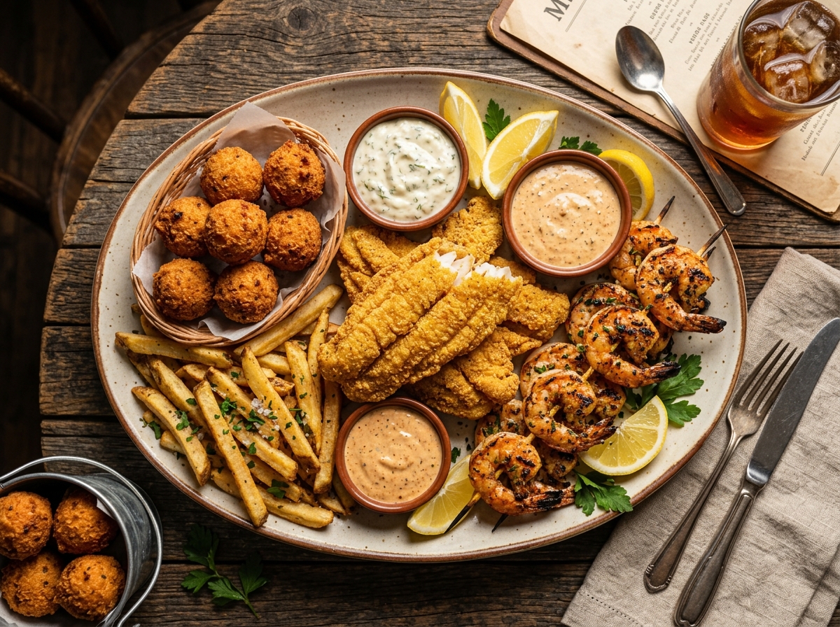 Southern seafood platter with fried catfish and shrimp